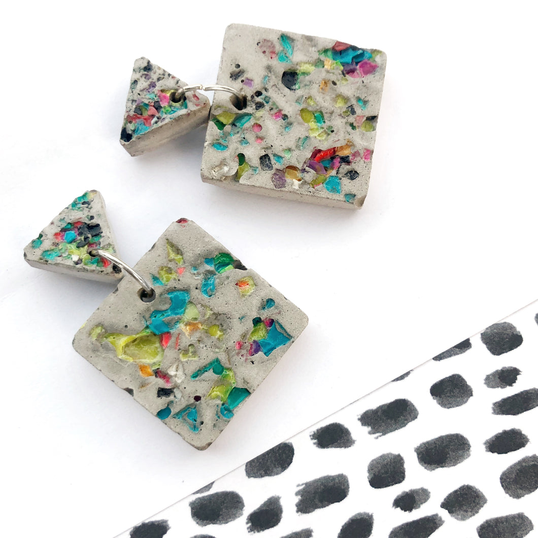Retro Square Confetti Drop Earrings with Triangle Stud